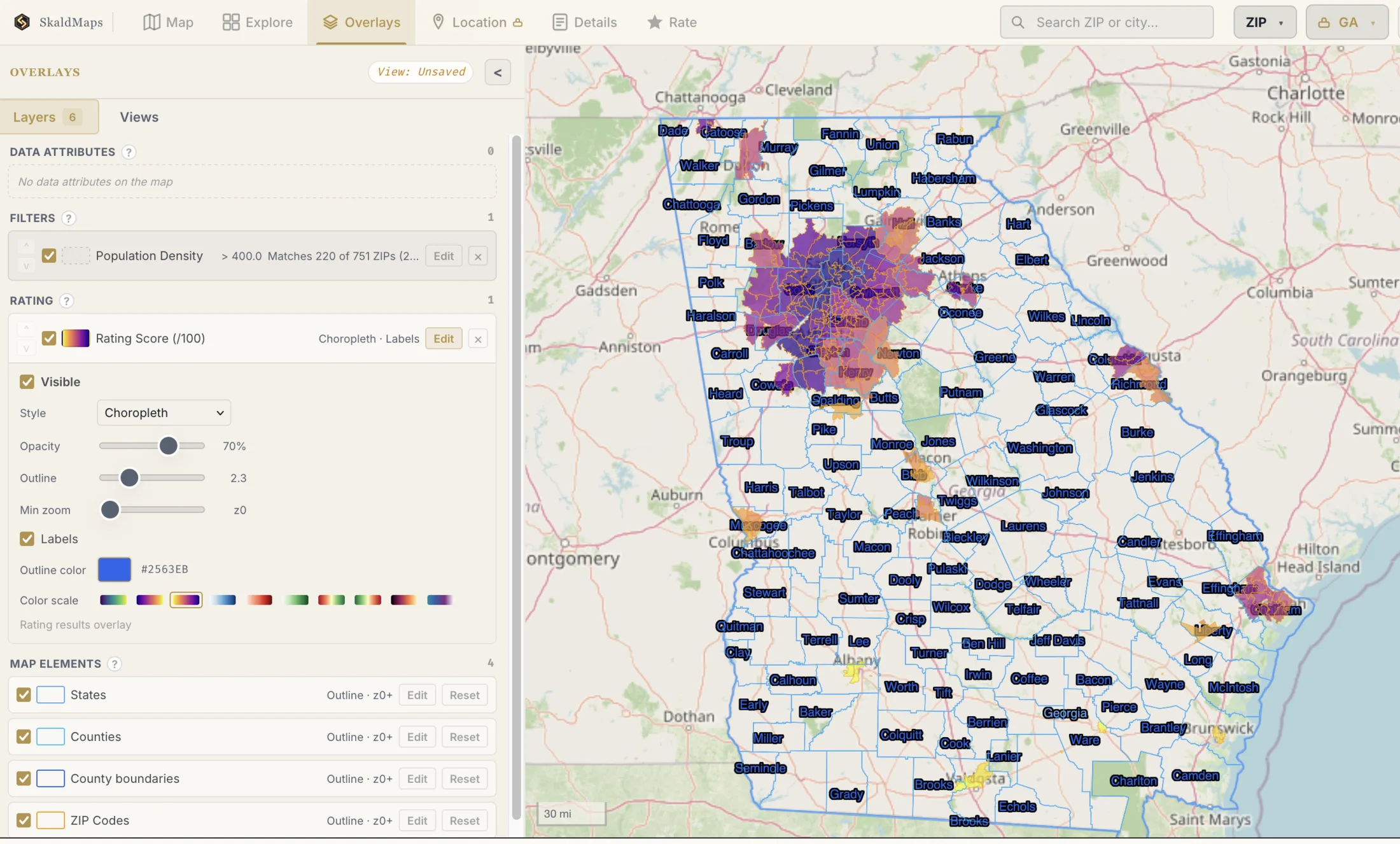 Overall GA population density, >400 people/sqmi
