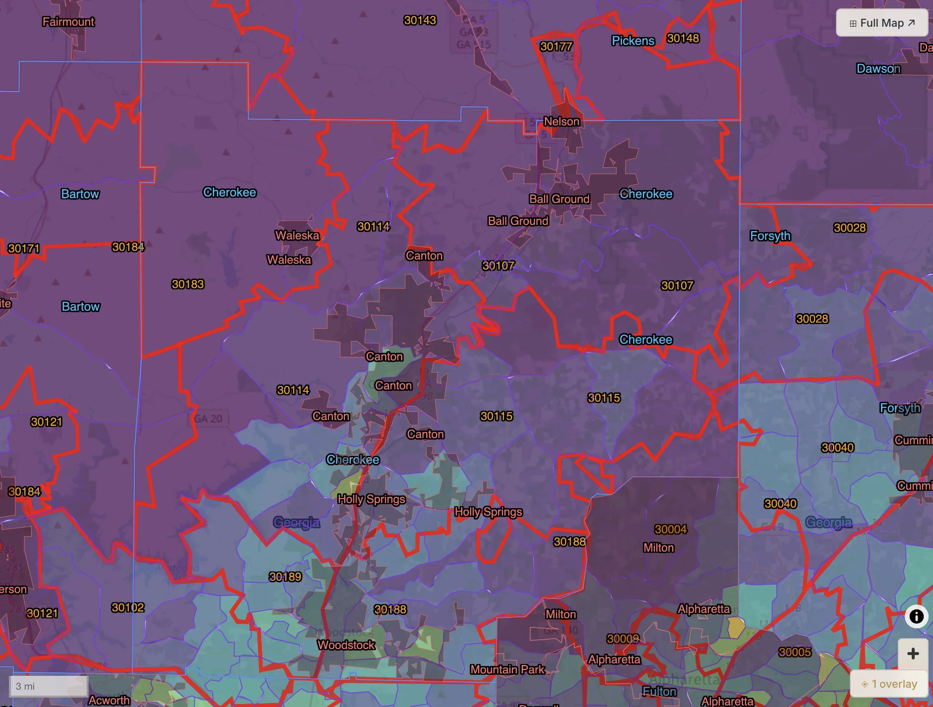 Three ZIP codes from North Georgia: By population density
