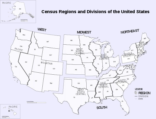Census Regions and Divisions, by the